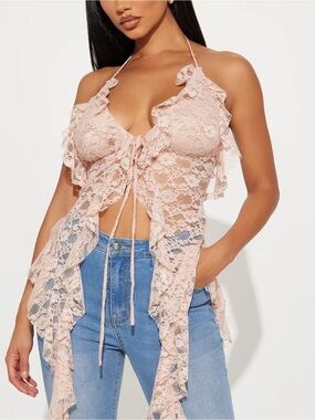 NEW Fashion Nova Blush Pink Lace Ruffle Halter Top